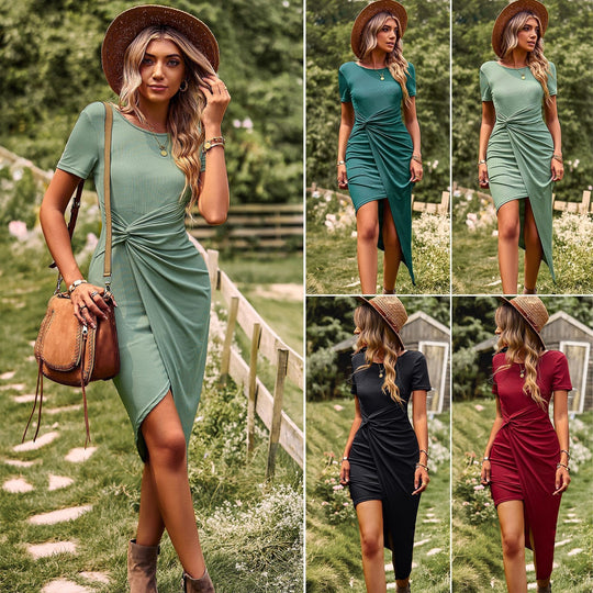 Damen Wickelkleid mit seitlichem Knotendesign und asymmetrischem Saum EB