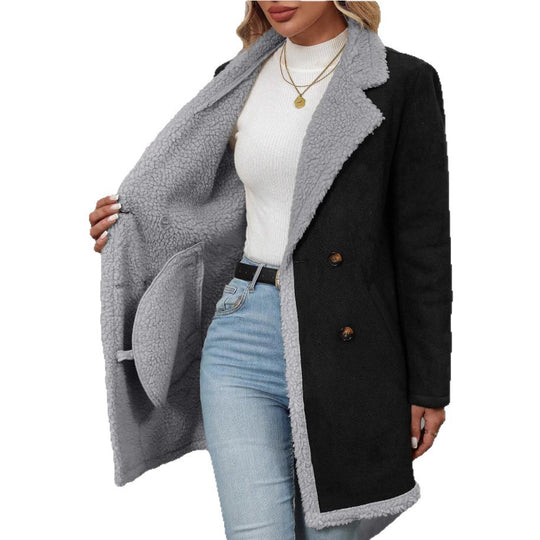 Damen Modische Oversized-Jacke mit Teddyfutter und doppelter Knopfleiste EB