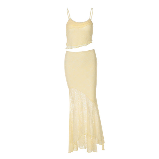 Damen Maxikleid mit transparentem Spitzensaum und raffinierten Rüschendetails EB