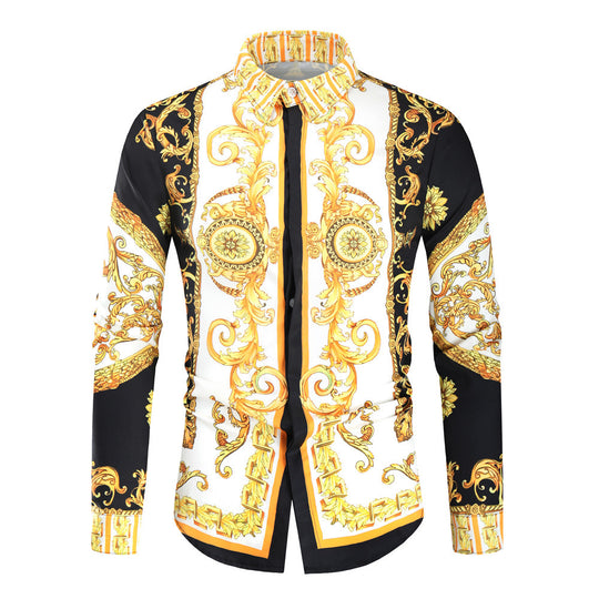 Herren nan barockes Langarm-Hemd mit ornamentalem Druck, Kentkragen und tailliertem Schnitt EB