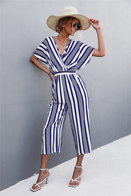Damen eleganter Jumpsuit mit V-Ausschnitt, breiten Ärmeln und anisstreifendem Design EB