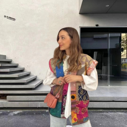 Damen modische Bluse mit voluminösen Ärmeln und exklusivem Patchwork-Design EB