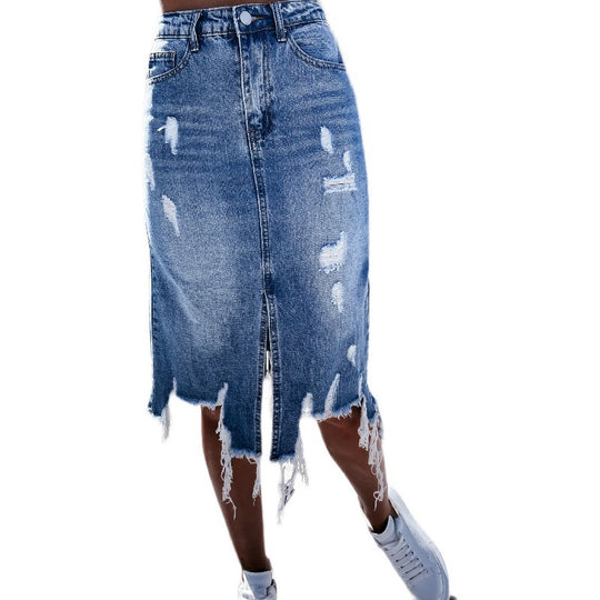 Damen Jeansrock mit ausgefransten Säumen und dekorativen Rissen EB
