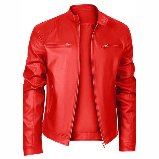 Herren nan schlanke Kunstleder-Bikerjacke mit Stehkragen, durchgehendem Reißverschluss und zwei Brusttaschen EB