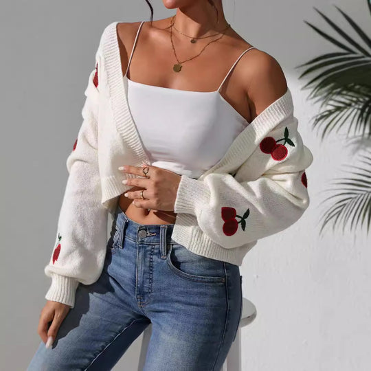 Damen Kurze Strickjacke mit fruchtiger Stickerei EB