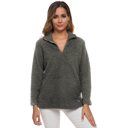 Damen kuscheliger Fleece-Pullover mit hohem Kragen und Reißverschluss EB