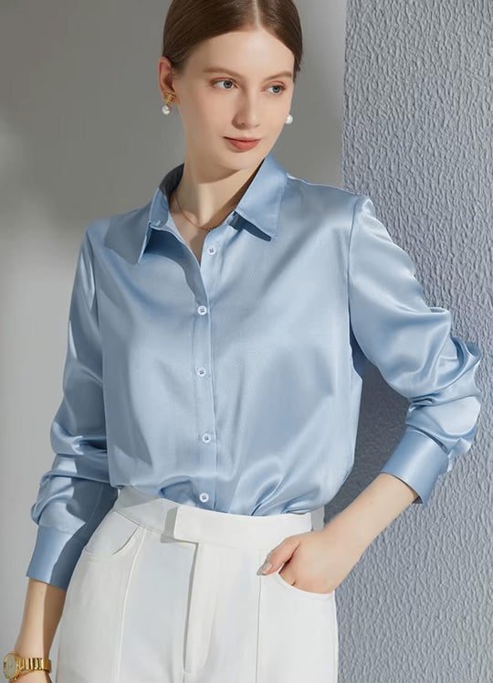 Damen Luxus Satin-Bluse mit elegantem Kragen und weichen Ärmeln EB