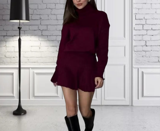 Damen Oversized Strickpullover mit hochwertiger Rippstruktur und passendem Minirock EB