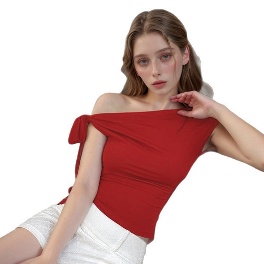 Damen Off-Shoulder Oberteil mit lässiger Schnittführung und dekorativem Knoten EB