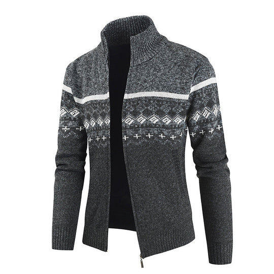 Herren Strickjacke mit Wintermuster und hohem Stehkragen EB