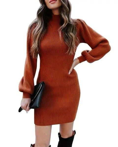 Damen Strickkleid mit hohem Kragen und Puffärmeln EB