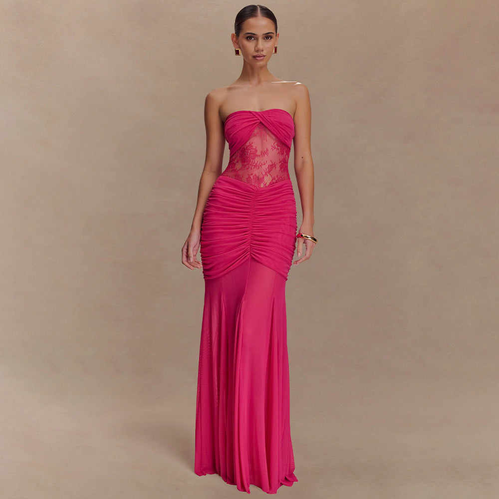Damen Glamouröses Abendkleid mit Spitzenakzenten und figurbetonter Raffung EB