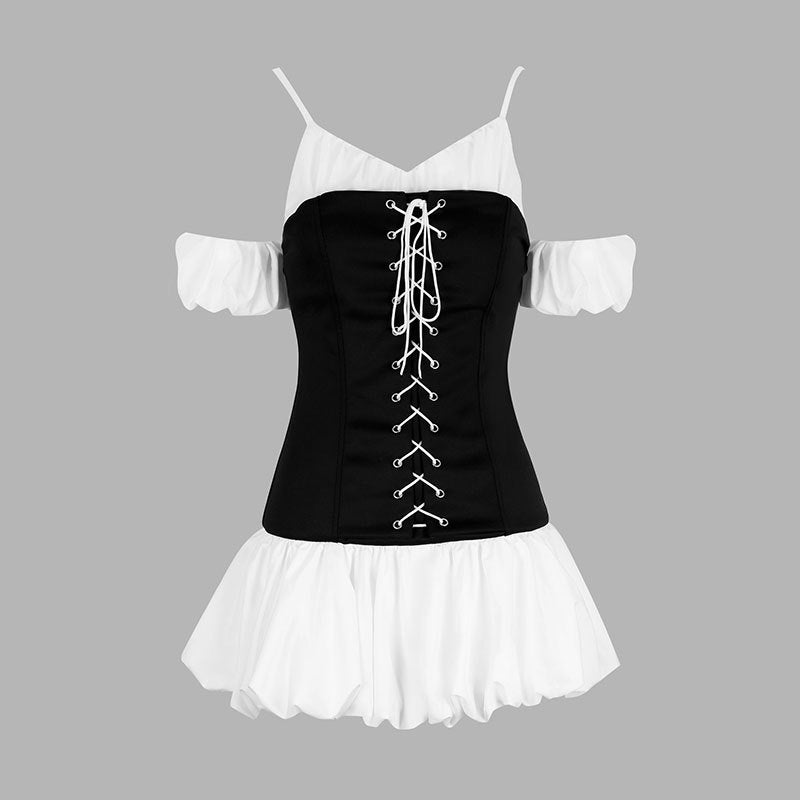 Damen Rüschenkleid mit Schnürung und abnehmbaren Trägern EB
