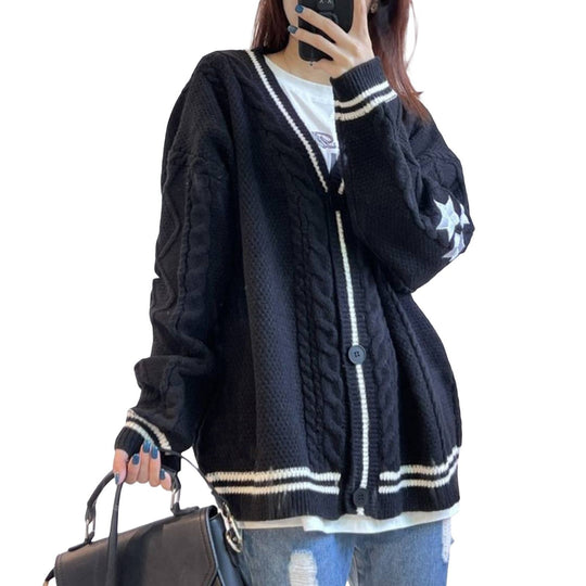 Damen oversized Strickjacke mit Sternenmuster und Kontrastbündchen EB