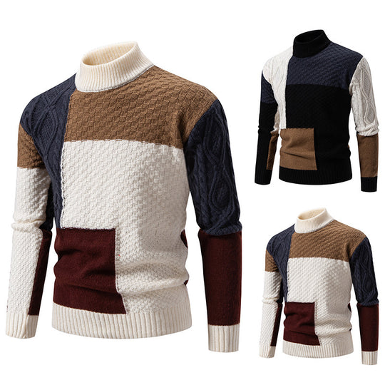 Herren modischer Rollkragenpullover mit modernem Zopfmuster und Farbblockdesign EB