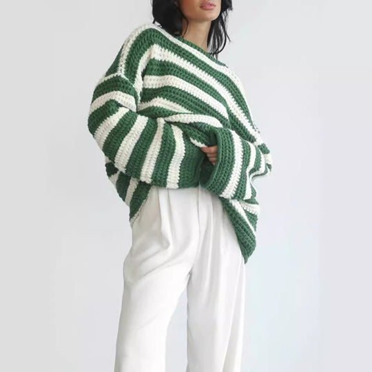 Damen lässiger gehäkelter Pullover mit modernen Blockstreifen EB