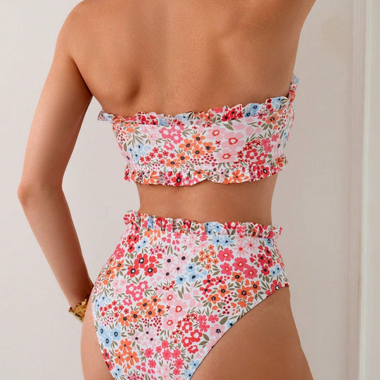Damen Bikini-Set mit romantischen Rüschendetails und hohem Taillenbund EB