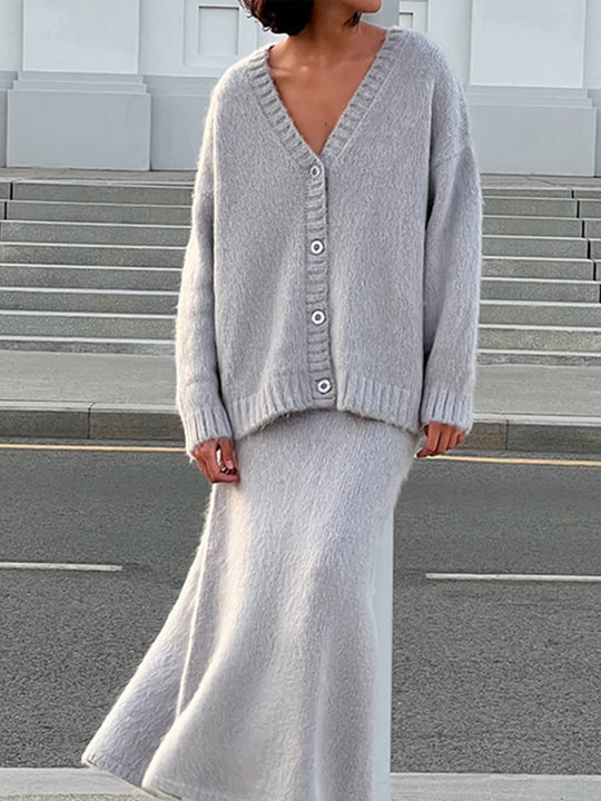 Damen kuschelige Strickjacke und Wadenlanger Rock Set EB