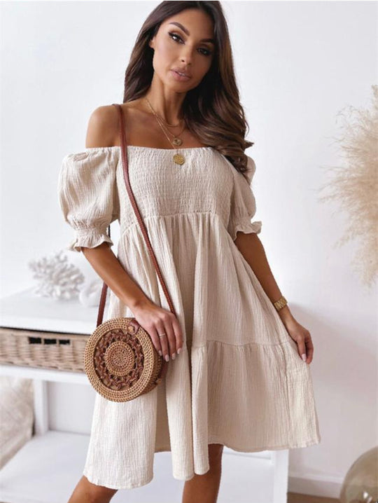 Damen lässiges Sommerkleid mit Puffärmel und Volants EB