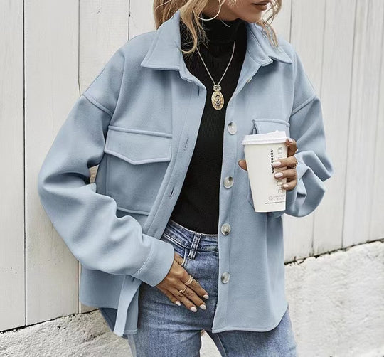 Damen Modische Oversized-Jacke mit Taschen und Knopfverschluss EB