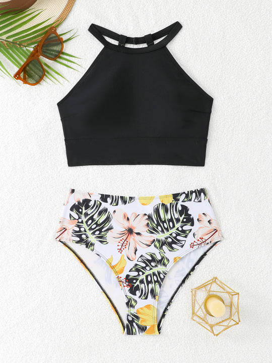 Damen Sportlicher Bikini-Set mit hohem Bund und rückenfreier Oberseite EB