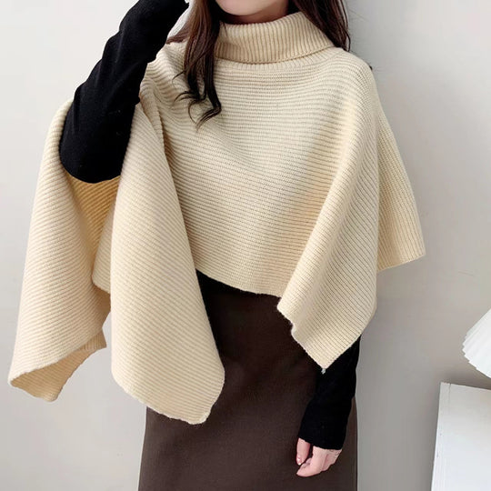 Damen Strickponcho mit hochgeschlossenem Kragen und eleganter Rippstruktur EB
