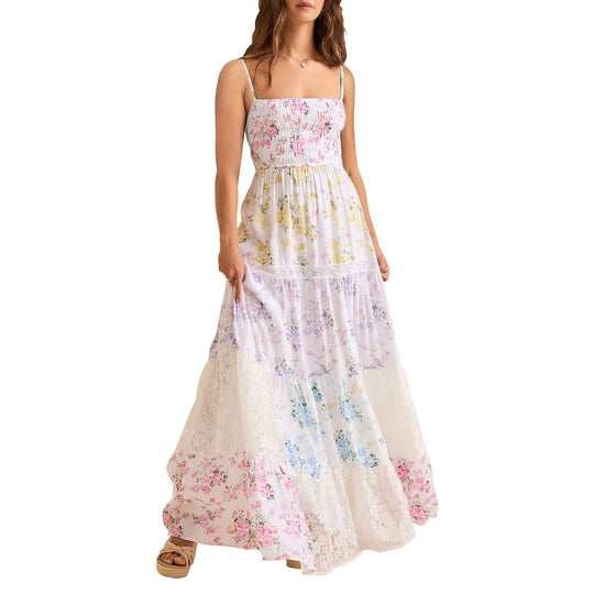 Damen Boho Maxikleid mit elastischem Oberteil und Spitzenakzenten EB