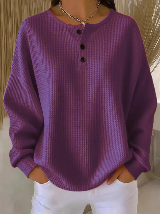 Damen nan Oversized Waffelstrick Henley-Pullover mit Knopfleiste und abgerundetem Saum EB