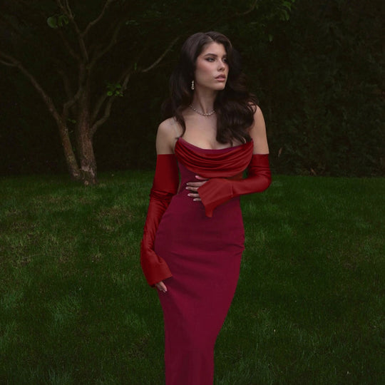 Damen Langarm Abendkleid mit elegantem Wasserfall-Ausschnitt und figurbetontem Schnitt EB