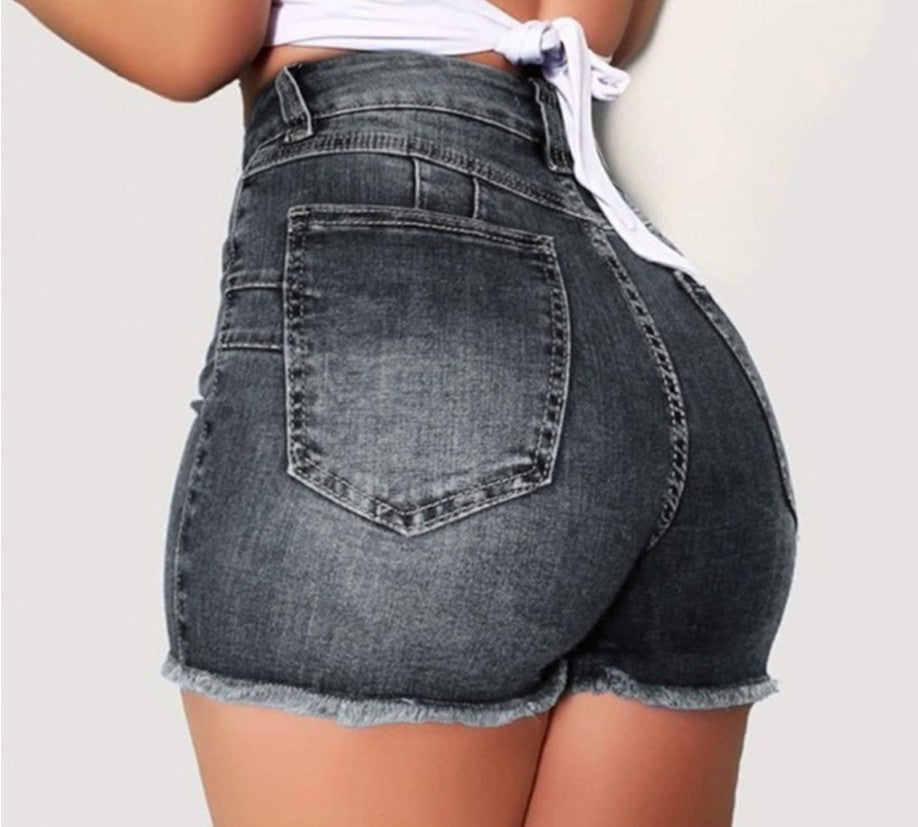Damen Hoch taillierte Denim-Shorts mit fransigem Saum und figurschmeichelndem Schnitt EB