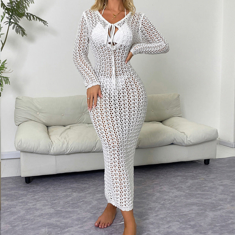 Damen luftiges Häkel-Strandkleid mit V-Ausschnitt und Schnüroptik EB
