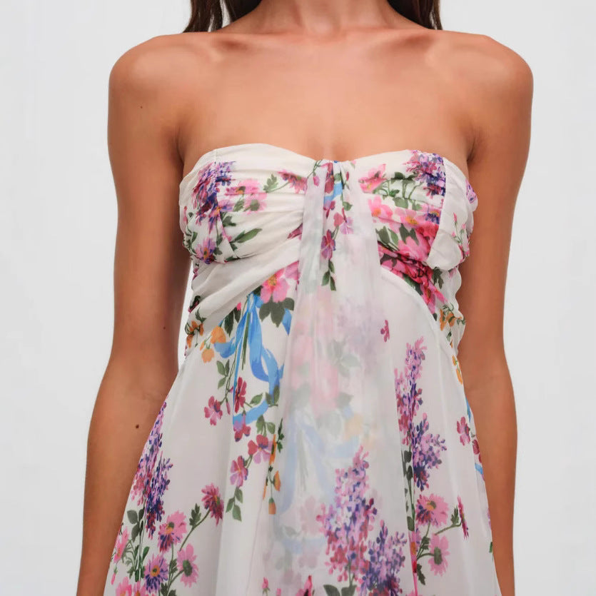 Damen nan trägerloses Chiffon-Sommerkleid mit Blumenmuster Bandeau-Oberteil und Volantbesatz EB