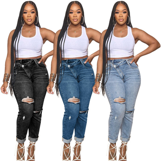 Damen lässige Mom-Jeans mit trendigen Rissen EB