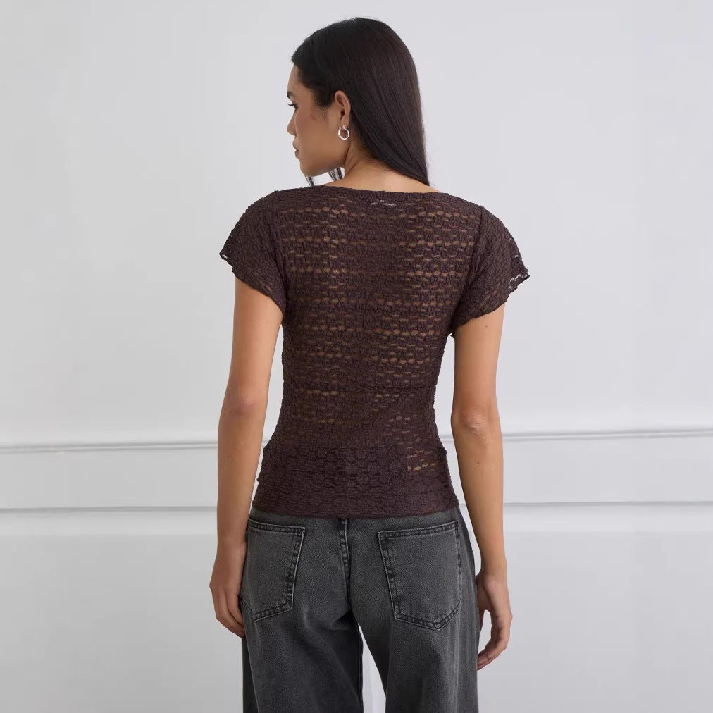 Damen Verspieltes Spitzenoberteil mit fließendem Design und kurzen Puffärmeln EB
