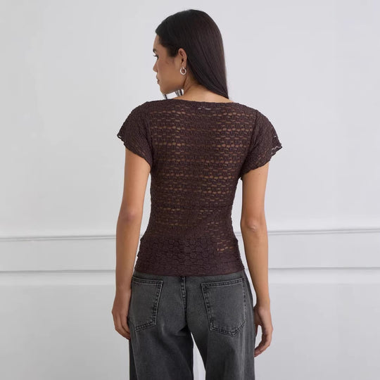 Damen Verspieltes Spitzenoberteil mit fließendem Design und kurzen Puffärmeln EB