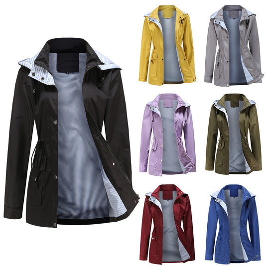 Damen Wetterfeste Regenjacke mit verstellbarem Kapuzenkragen und Taillenzug EB