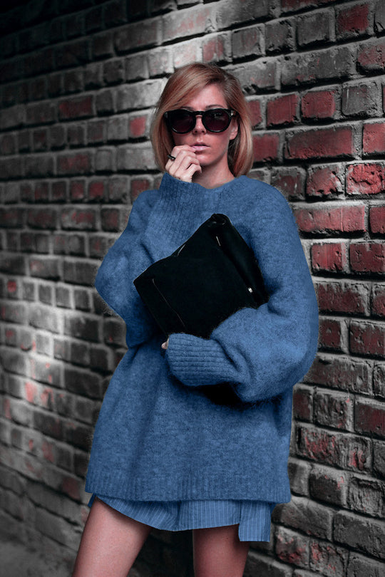 Damen Oversized Strickpullover mit hochabschließendem Kragen und voluminösen Ärmeln EB
