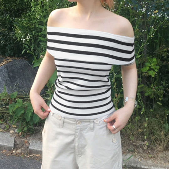 Damen Off-Shoulder Oberteil mit gestreiftem Design und breitem Kragen EB