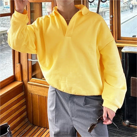 Unisex nan locker geschnittener V-Ausschnitt-Sweatpullover mit Hemdkragen aus Baumwollfleece EB