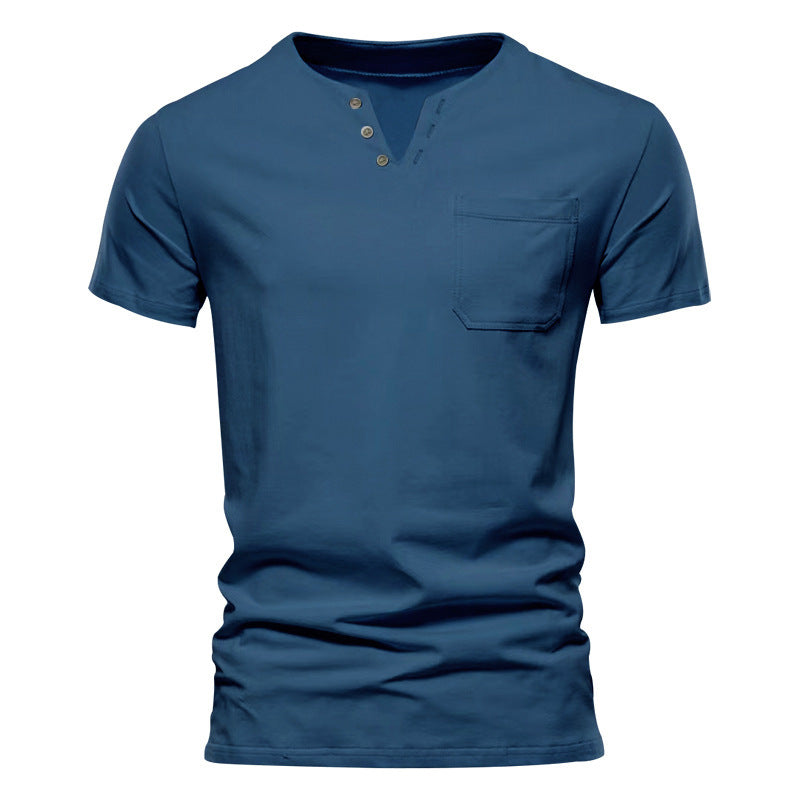 Herren nan tailliertes Kurzarm-Henleyshirt mit Brusttasche und asymmetrischer Knopfleiste EB
