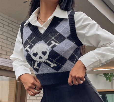 Damen Strickweste mit kreativem Totenkopf-Muster EB