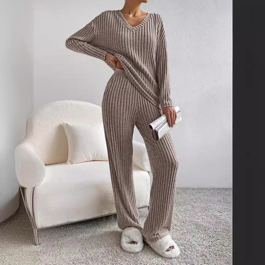 Damen Freizeit-Loungewear-Set aus weichem Rippstoff mit V-Ausschnitt EB