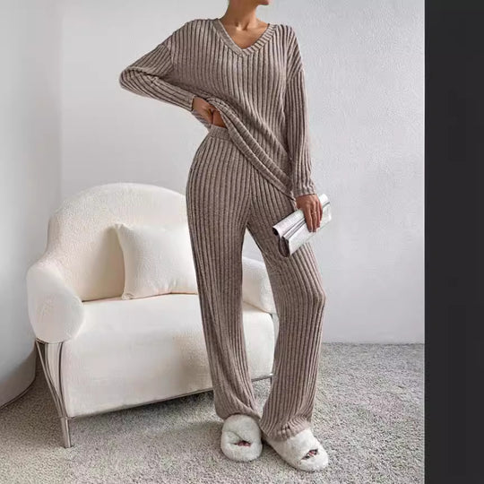 Damen Freizeit-Loungewear-Set aus weichem Rippstoff mit V-Ausschnitt EB