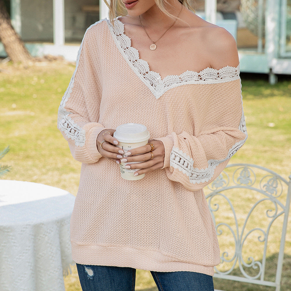 Damen lässiger Pullover mit Spitze und V-Ausschnitt EB
