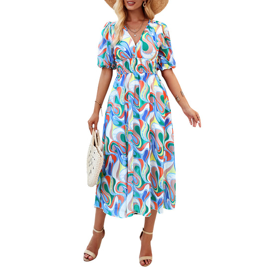 Damen Midikleid mit eleganten Puffärmeln und romantischem Blumenmuster EB