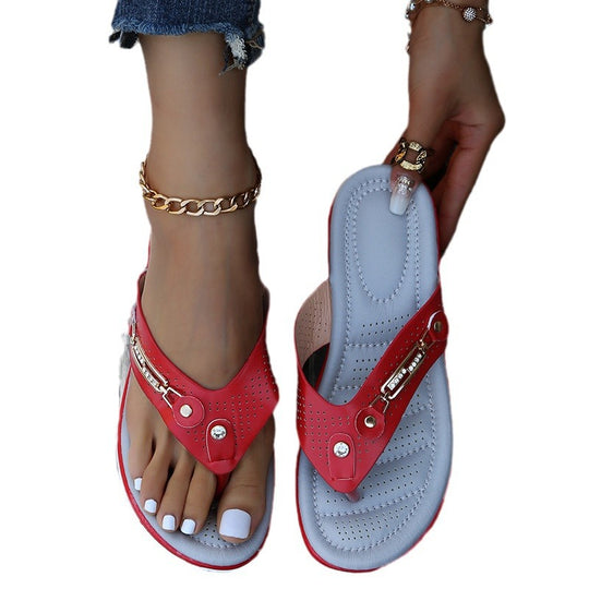 Damen Komfortable Fußbett-Zehentrenner-Sandalen mit modischen Applikationen EB