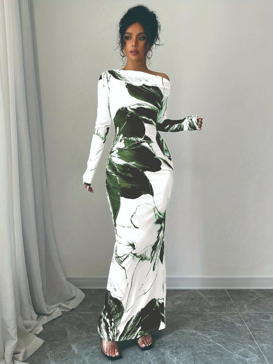 Damen Elegantes Maxikleid mit asymmetrischem Design und modernem Druck EB