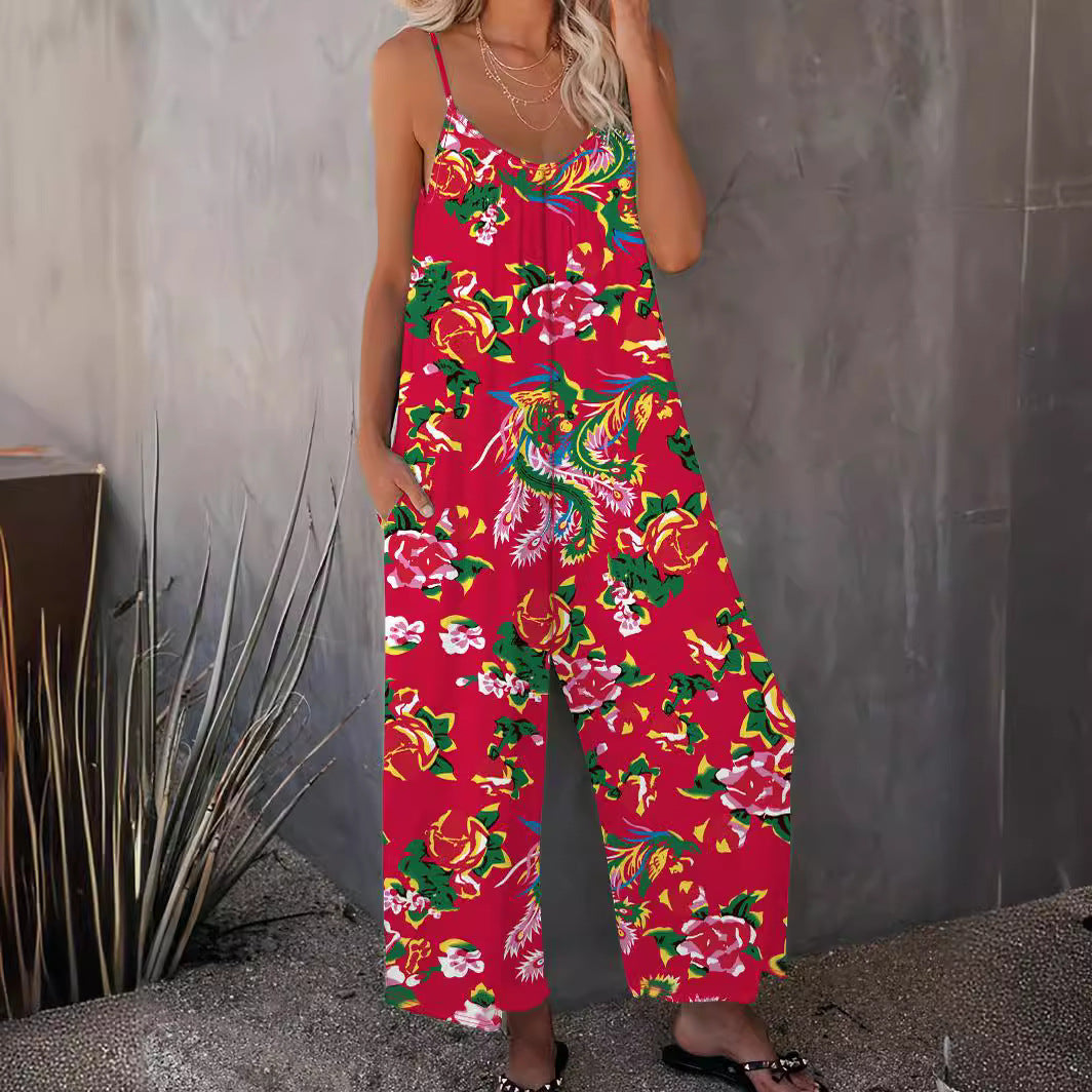 Damen Luftiger Jumpsuit mit floralem Design und verstellbaren Trägern EB
