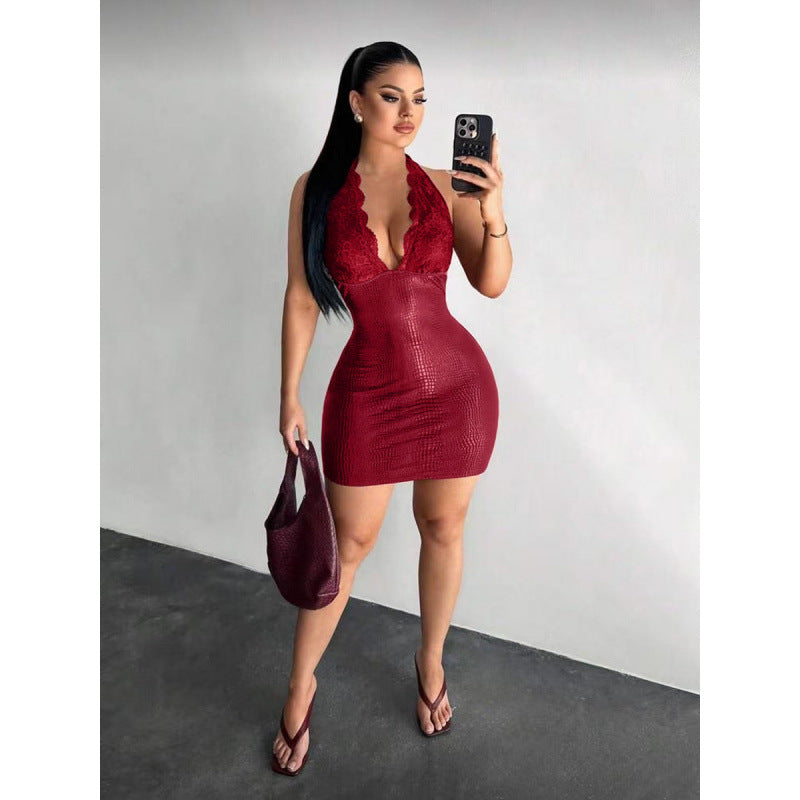 Damen Elegantes Bodycon-Kleid mit Spitzendetails und tiefem V-Ausschnitt EB