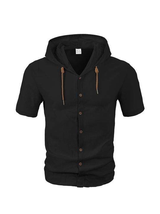 Herren nan tailliertes Kurzarm-Kapuzenshirt in Struktur-Leinenoptik mit Holzoptikknöpfen und Kordel EB